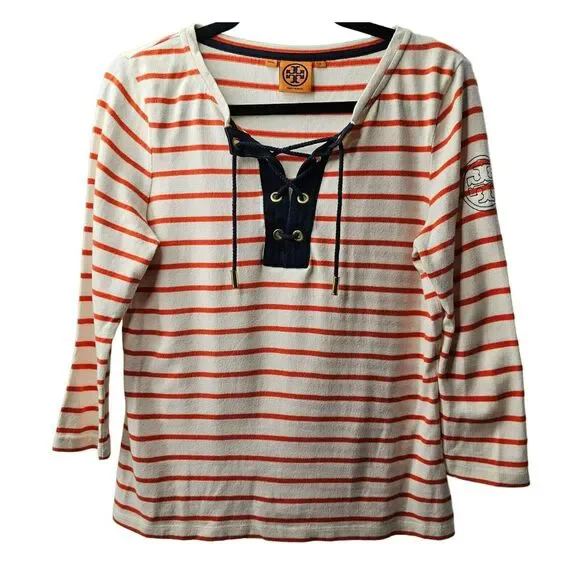 Tory Burch Orange White Striped Nautical Logo Top